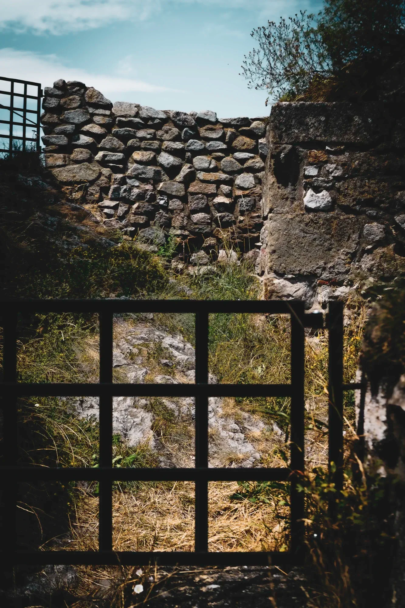 Dark iron gate in front of dry grass and weathered stone walls at Devín Castle.